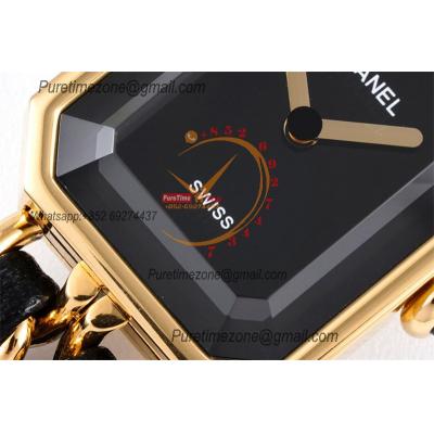 Premiere H0451 Swiss Quartz Womens Watch Best Edition BVF Yellow Gold Black Dial Interwoven Leahter Strap Ladies