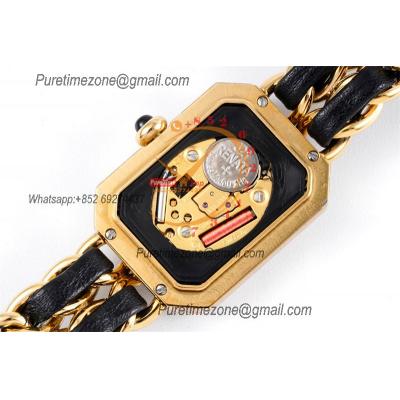 Premiere H0451 Swiss Quartz Womens Watch Best Edition BVF Yellow Gold Black Dial Interwoven Leahter Strap Ladies