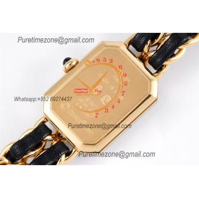 Premiere H0451 Swiss Quartz Womens Watch Best Edition BVF Yellow Gold Black Dial Interwoven Leahter Strap Ladies