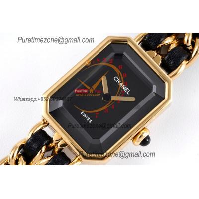 Premiere H0451 Swiss Quartz Womens Watch Best Edition BVF Yellow Gold Black Dial Interwoven Leahter Strap Ladies