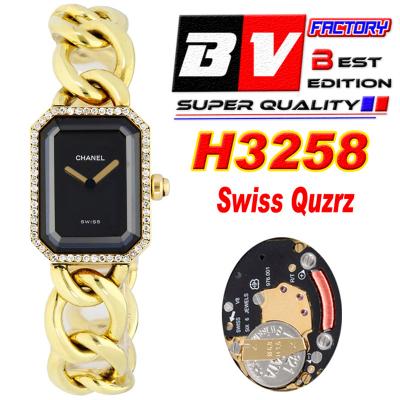 Premiere H3256 Swiss Quartz Womens Watch Best Edition BVF YG Diamonds Bezel Black Dial SS Bracelet Ladies