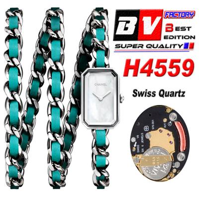 Premiere H4559 Swiss Quartz Womens Watch Best Edition BVF Steel Case MOP Dial Blue Interwoven Leahter Strap Ladies