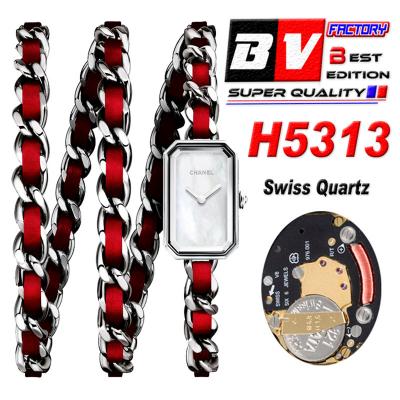 Premiere H5313 Swiss Quartz Womens Watch Best Edition BVF Steel Case MOP Dial Red Interwoven Leahter Strap Ladies