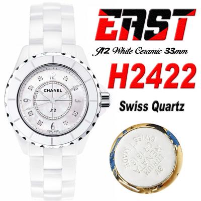 J12 H2422 33mm Swiss Quartz Womens Watch Best Edition EAST White Korea Ceramic White Diamond Dial on Bracelet