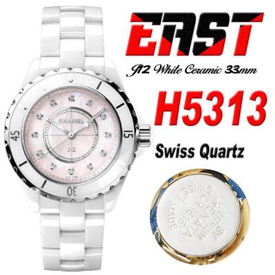 J12 H5313 33mm Swiss Quartz Womens Watch Best Edition EAST White Korea Ceramic Pink Diamond Dial on Bracelet