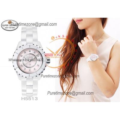 J12 H5313 33mm Swiss Quartz Womens Watch Best Edition EAST White Korea Ceramic Pink Diamond Dial on Bracelet