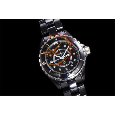 J12 H1625 33mm Swiss Quartz Womens Watch Best Edition EAST Black Korea Ceramic Black Diamond Dial on Bracelet