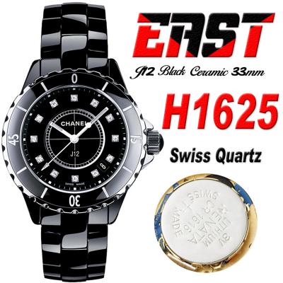 J12 H1625 33mm Swiss Quartz Womens Watch Best Edition EAST Black Korea Ceramic Black Diamond Dial on Bracelet