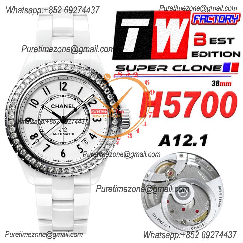 J12 H5700 38mm A12.1 Automatic Unisex Watch Best Edition TWF Diamond Bezel White Ceramic Dial on Bracelet CHS Womens