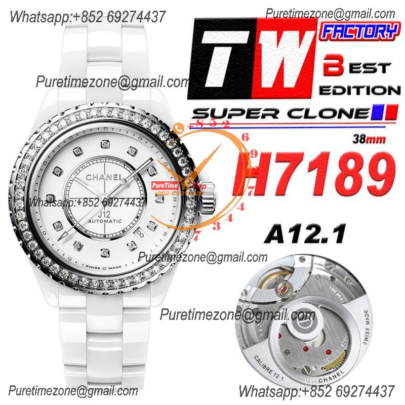 J12 H7189 38mm A12.1 Automatic Unisex Watch Best Edition TWF Diamond Bezel White Ceramic Dial on Bracelet CHS Womens