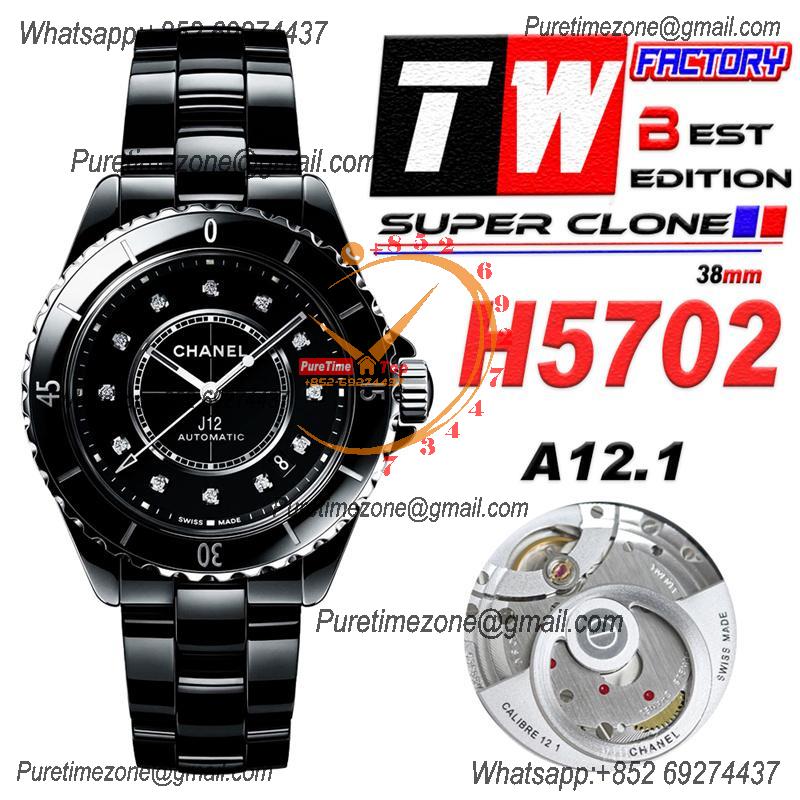 J12 H5702 38mm A12.1 Automatic Unisex Watch Best Edition TWF Black Ceramic Dial on Bracelet CHS Womens