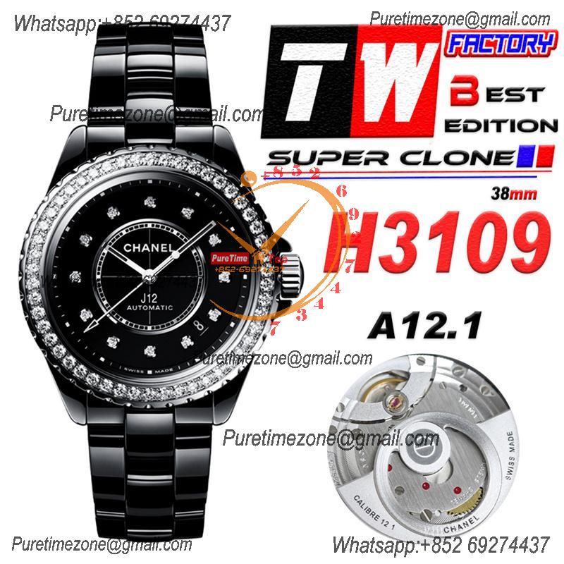 J12 H3109 38mm A12.1 Automatic Unisex Watch Best Edition TWF Diamond Bezel Black Ceramic Dial on Bracelet CHS Womens