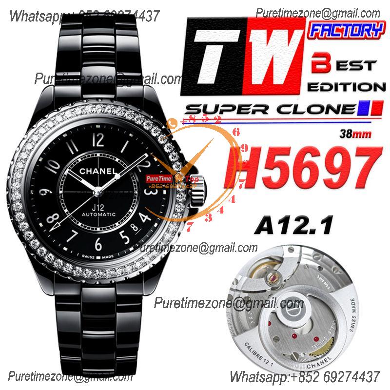 J12 H5697 38mm A12.1 Automatic Unisex Watch Best Edition TWF Diamond Bezel Black Ceramic Dial on Bracelet CHS Womens