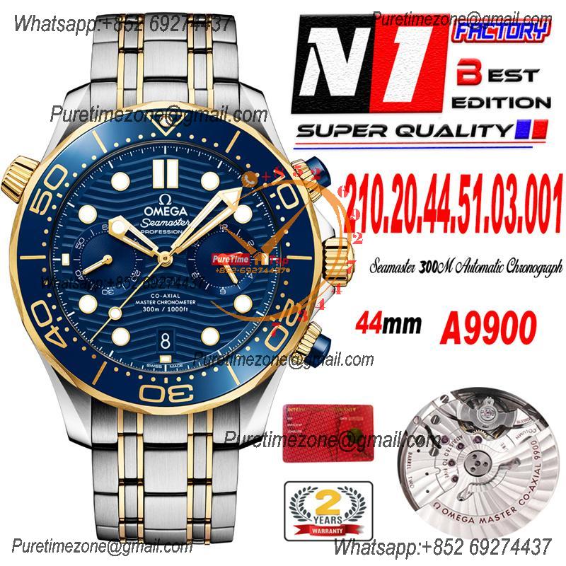 Seamaster 300M A9900 Automatic Chronograph Mens Watch Best Edition N1F 44mm YG Blue Dial SS Bracelet CHS