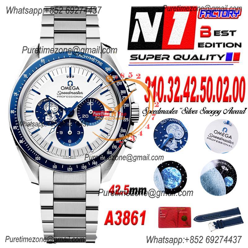 Speedmaster "Silver Snoopy Award" A3861 Automatic Mens Watch Best Edition N1F 42.5 White Dial SS Bracelet CHS