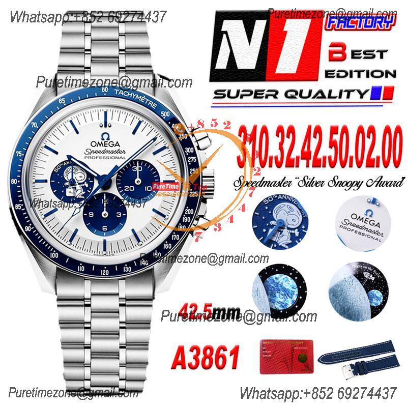 Speedmaster "Silver Snoopy Award" A3861 Automatic Mens Watch Best Edition N1F 42.5 White Dial SS Bracelet CHS