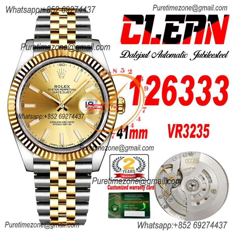 Datejust 126333 41 VR3235 Automatic Mens Watch Best Edition CLEAN YG Gold Stick Dial On 904L Jubilee SS Bracelet CHS