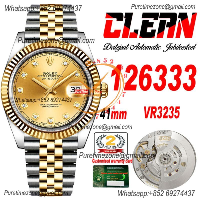 Datejust 126333 41 VR3235 Automatic Mens Watch Best Edition CLEAN YG Gold Diamond Dial On 904L Jubilee SS Bracelet CHS