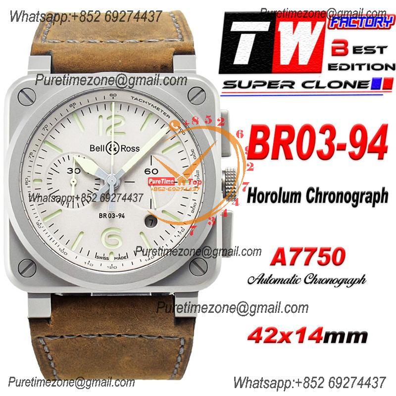 BR03-94 Horolum A7750 Automatic Chronograph Mens Watch Best Edition TWF 42 Steel Case Gray Dial Retro Brown Leather CHS