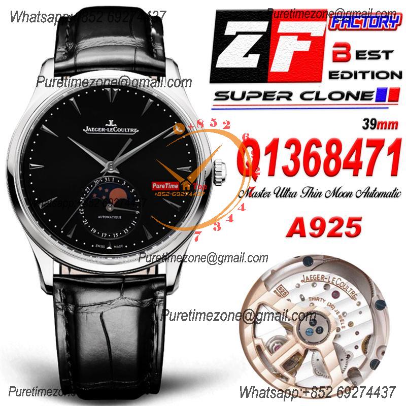 Master Ultra Thin Q1368471 A925 Automatic Mens Watch Moon Phase Date Best Edition ZF 39 Steel Black  Dial Leather CHS