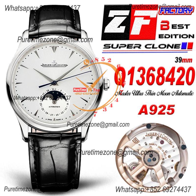 Master Ultra Thin Q1368420 A925 Automatic Mens Watch Moon Phase Date Best Edition ZF 39 Steel Silver Dial Leather CHS