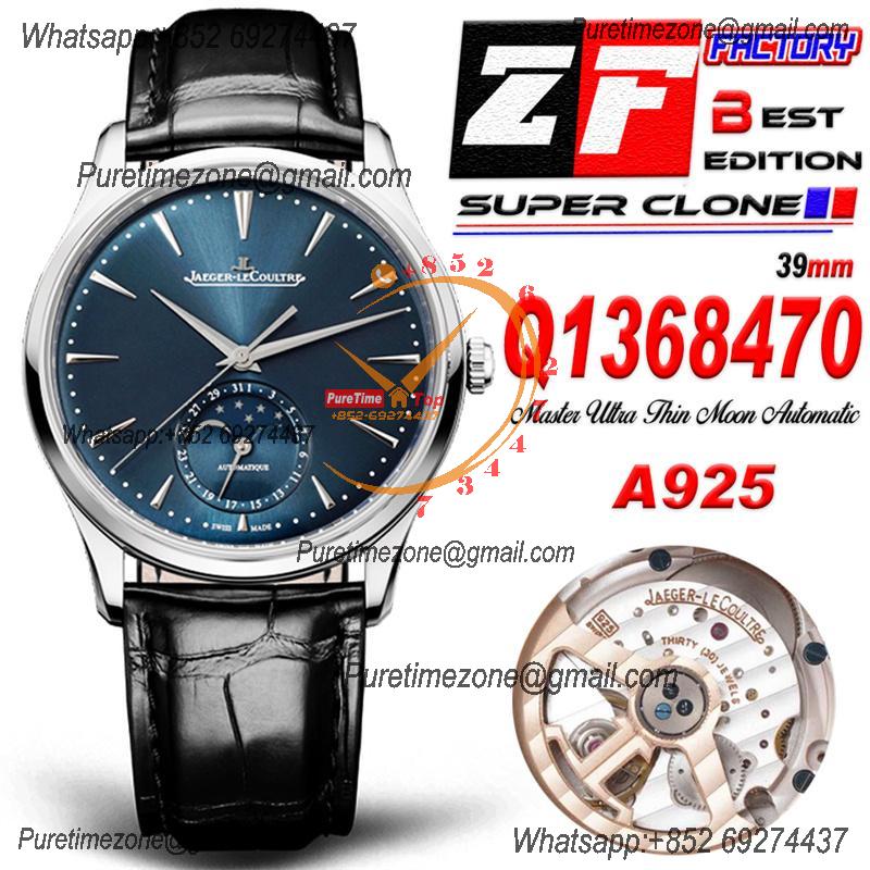 Master Ultra Thin Q1368470 A925 Automatic Mens Watch Moon Phase Date Best Edition ZF 39 Steel Blue Dial Leather CHS