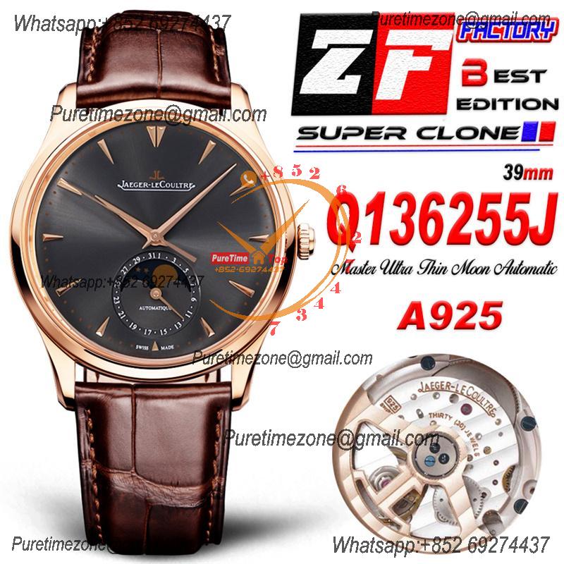 Master Ultra Thin Q136255J A925 Automatic Mens Watch Moon Phase Date Best Edition ZF 39 RG Gray Dial Leather CHS