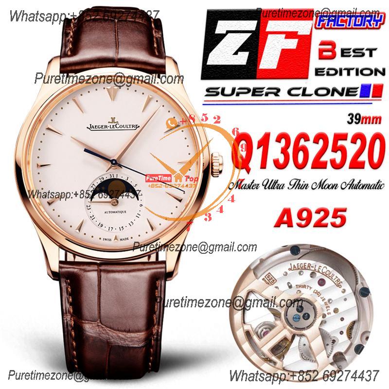 Master Ultra Thin Q1362520 A925 Automatic Mens Watch Moon Phase Date Best Edition ZF 39 RG Silver Dial Leather CHS