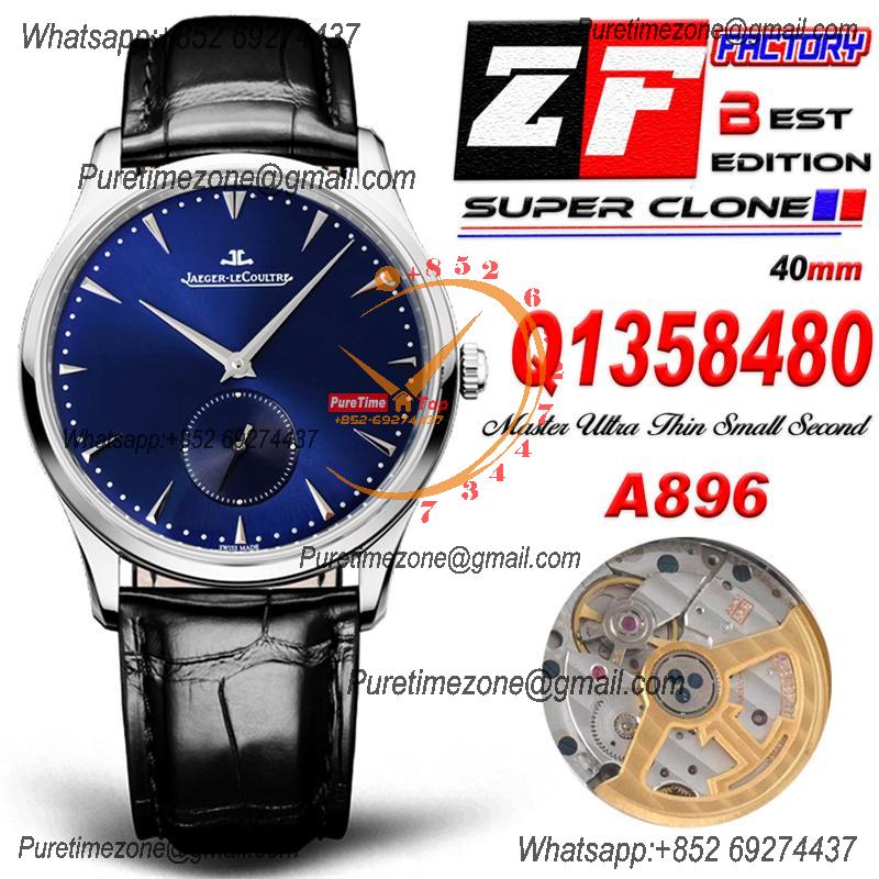 Master Ultra Thin Small Second Q1358480 M9015 Automatic Mens Watch Best Edition ZF 40 Steel Blue Dial Black Leather CHS