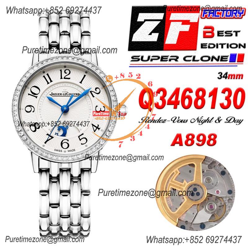 Rendez-Vous Night & Day Q3468130 A898 Moon Phase Automatic Womens Watch Best Edition ZF 34 Diamond Bezel White Dial SS