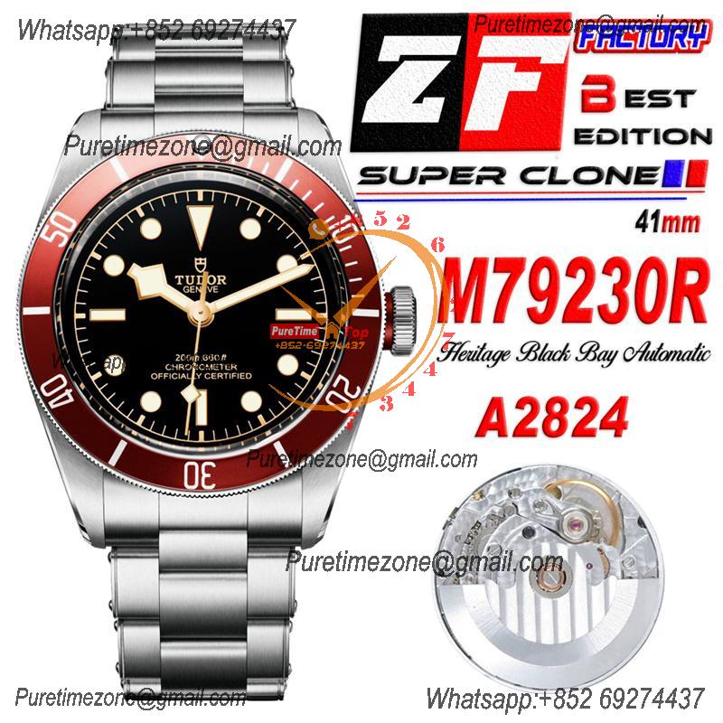 Heritage 2016 Black Bay Shield M79230R A2824 Automatic Mens Watch Best Edition ZF 41mm Red Bezel Black Dial SS Bracelet