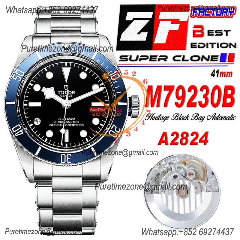 Heritage 2016 Black Bay Shield M79230R A2824 Automatic Mens Watch Best Edition ZF 41mm Blue Bezel Black Dial SS Bracelet