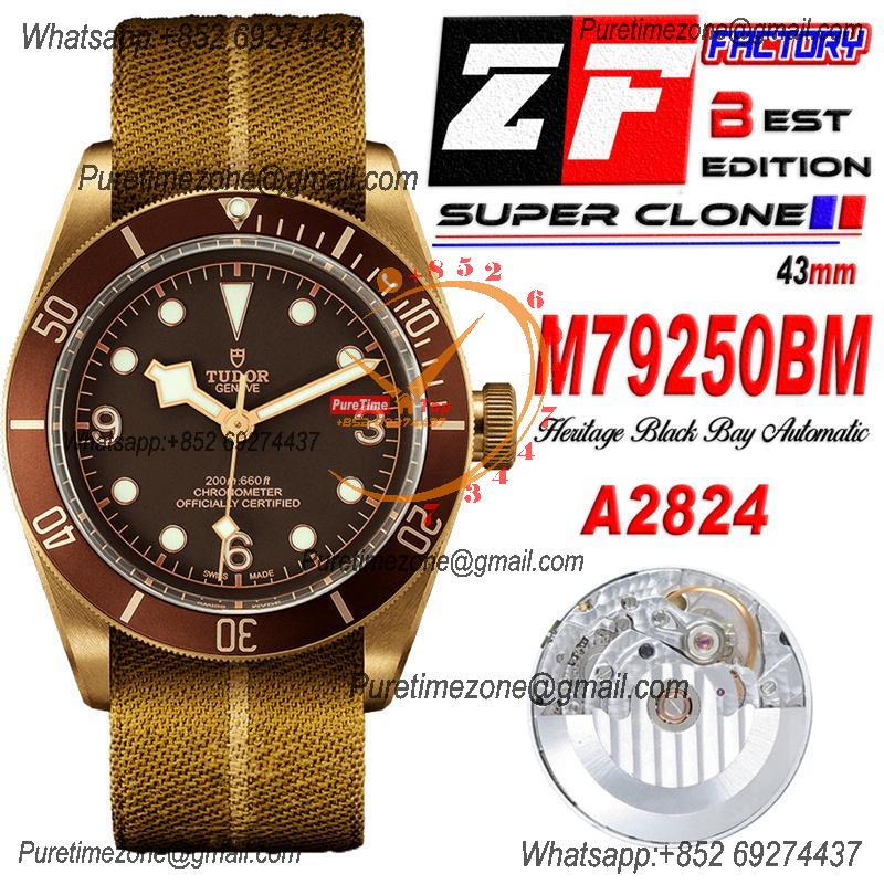 Heritage Black Bay M79250BM Bronze A2824 Automatic Mens Watch Best Edition ZF 43mm Blue Bezel Brown Dial Nylon