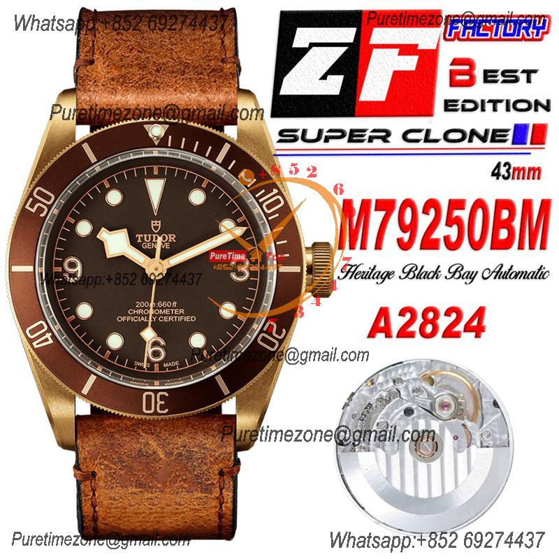 Heritage Black Bay M79250BM Bronze A2824 Automatic Mens Watch Best Edition ZF 43mm Blue Bezel Brown Dial Leather