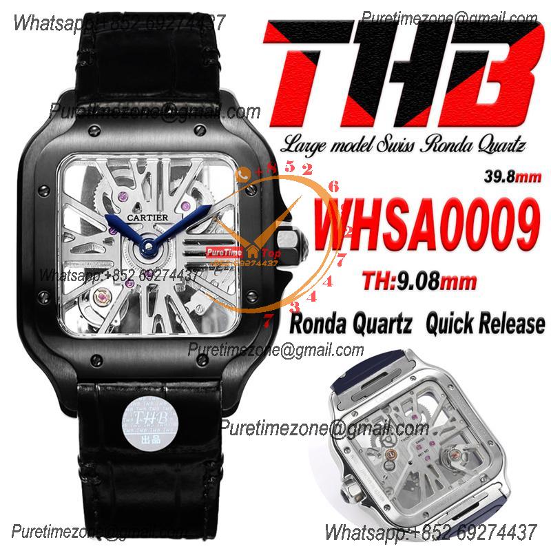 Santos WHSA0009 Large Model 39.8mm Swiss Ronda Quartz Mens Watch Best Edition THBF DLC Skeleton Dial Leather CHS