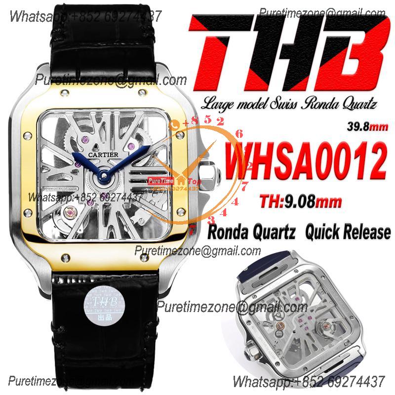 Santos WHSA0012 Large Model 39.8mm Swiss Ronda Quartz Mens Watch Best Edition THBF YG Skeleton Dial Leather CHS