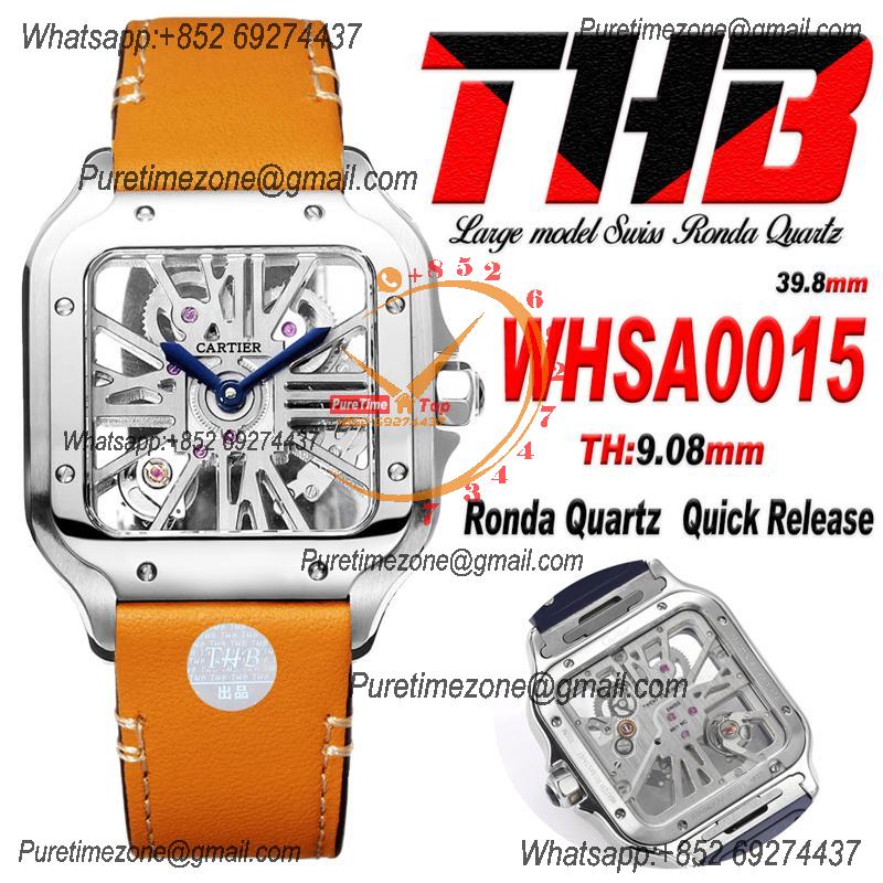 Santos WHSA0015 Large Model 39.8mm Swiss Ronda Quartz Mens Watch Best Edition THBF SS Skeleton Dial Leather CHS