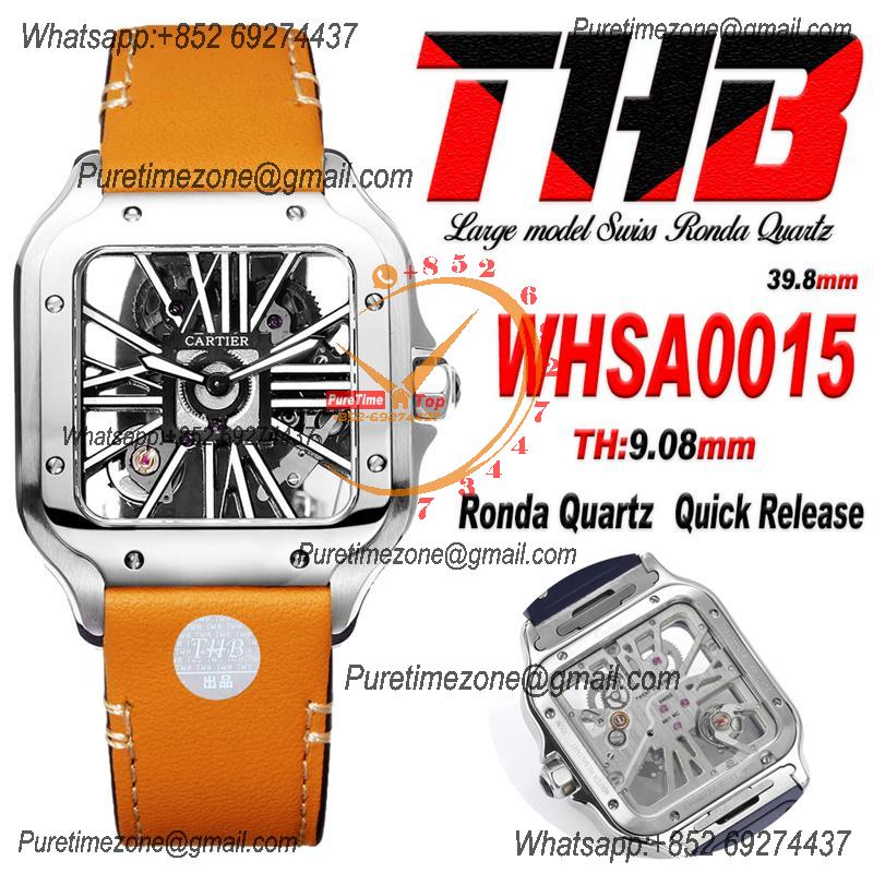 Santos WHSA0015 Large Model 39.8mm Swiss Ronda Quartz Mens Watch Best Edition THBF SS Skeleton Dial Leather CHS