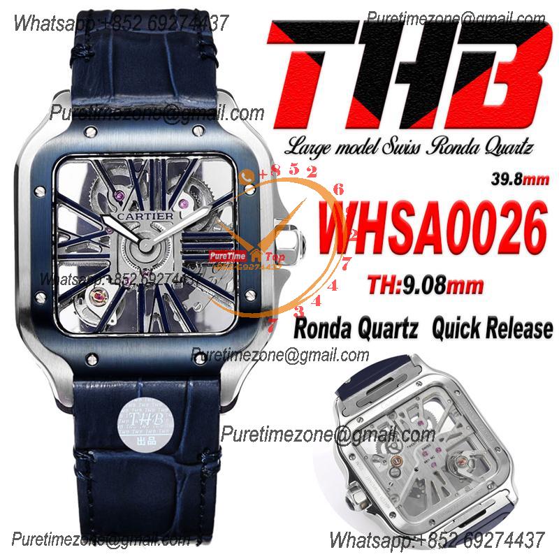 Santos WHSA0026 Large Model 39.8mm Swiss Ronda Quartz Mens Watch Best Edition THBF SS Skeleton Dial Leather CHS