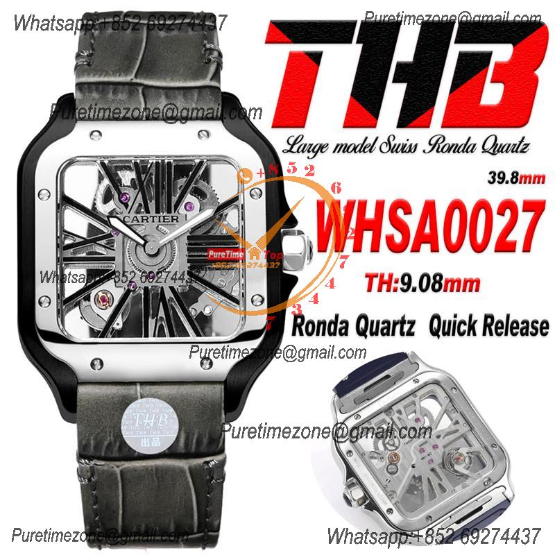 Santos WHSA0027 Large Model 39.8mm Swiss Ronda Quartz Mens Watch Best Edition THBF SS Skeleton Dial Leather CHS