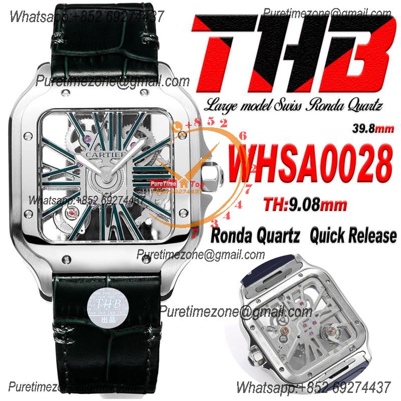 Santos WHSA0028 Large Model 39.8mm Swiss Ronda Quartz Mens Watch Best Edition THBF SS Skeleton Dial Leather CHS