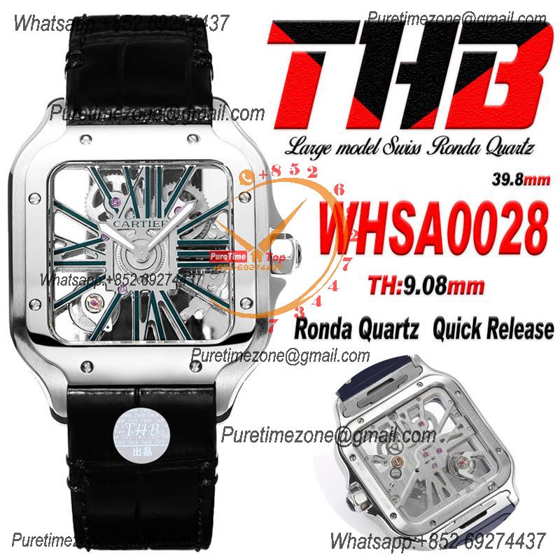 Santos WHSA0028 Large Model 39.8mm Swiss Ronda Quartz Mens Watch Best Edition THBF SS Skeleton Dial Leather CHS