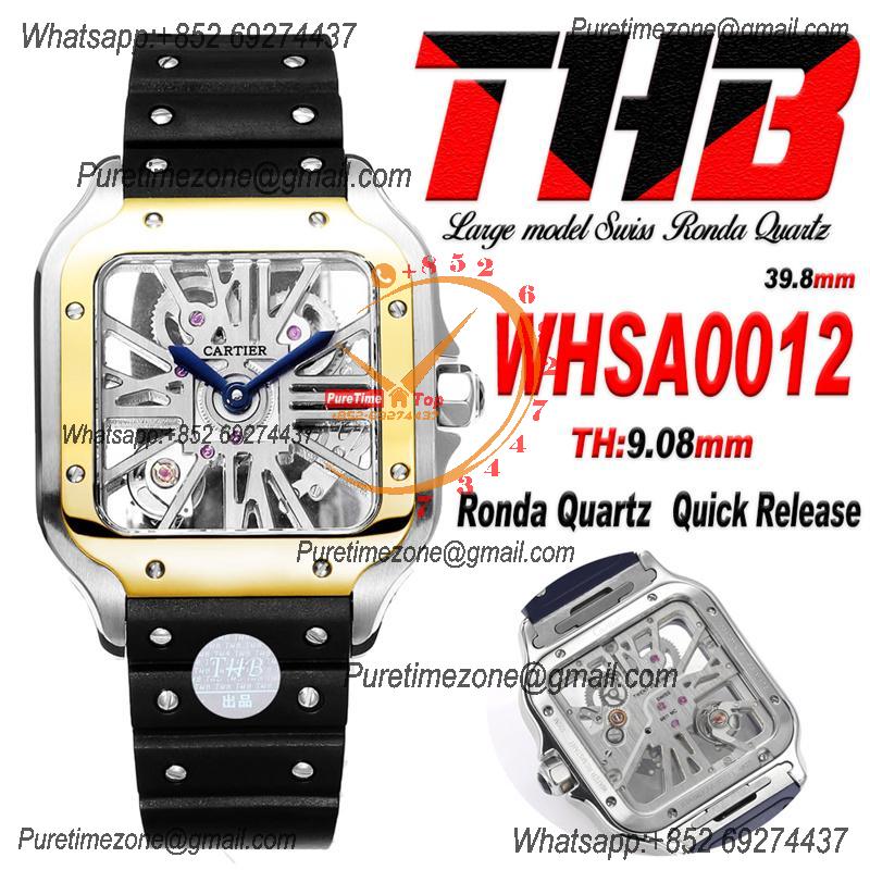 Santos WHSA0012 Large Model 39.8mm Swiss Ronda Quartz Mens Watch Best Edition THBF YG Skeleton Dial Rubber CHS