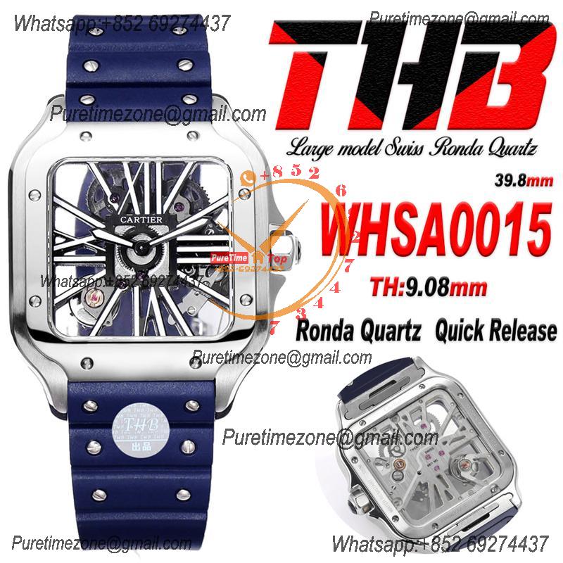 Santos WHSA0015 Large Model 39.8mm Swiss Ronda Quartz Mens Watch Best Edition THBF SS Skeleton Dial Rubber CHS