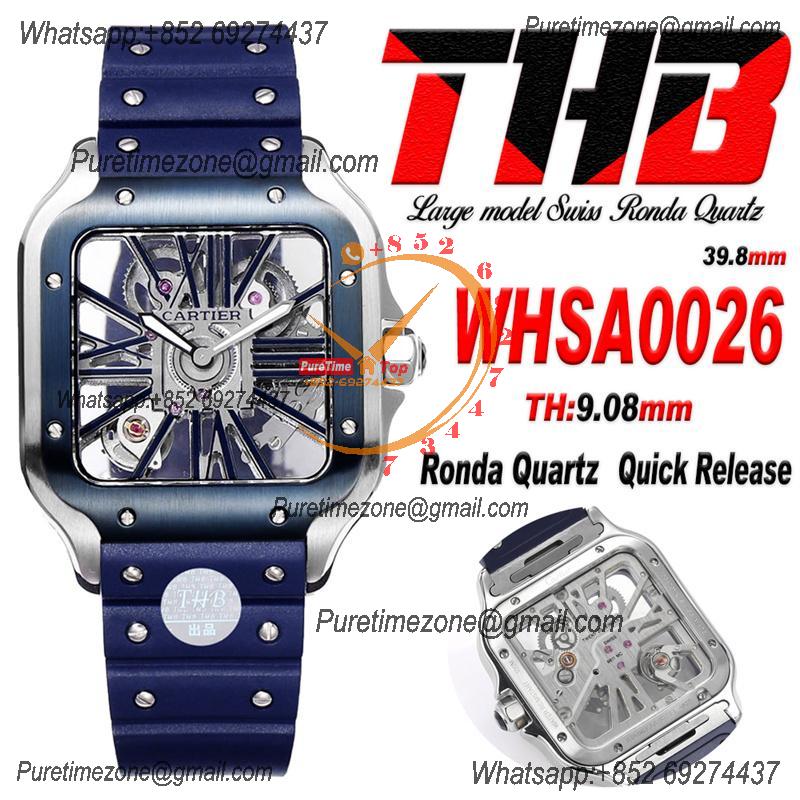 Santos WHSA0026 Large Model 39.8mm Swiss Ronda Quartz Mens Watch Best Edition THBF SS Skeleton Dial Rubber CHS