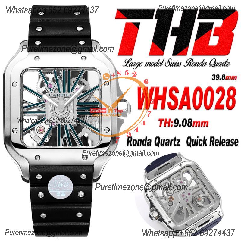 Santos WHSA0028  Large Model 39.8mm Swiss Ronda Quartz Mens Watch Best Edition THBF DLC Skeleton Dial Rubber CHS