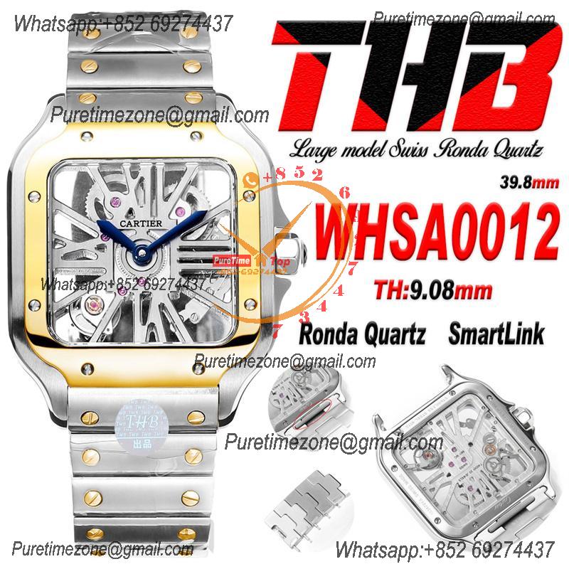 Santos WHSA0012 Large Model 39.8 Swiss Ronda Quartz Mens Watch Best Edition THBF YG Skeleton Dial SmartLink SS Bracelet