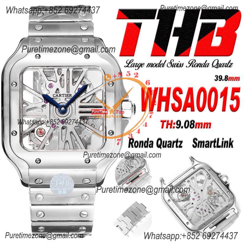 Santos WHSA0015 Large Model 39.8 Swiss Ronda Quartz Mens Watch Best Edition THBF Skeleton Dial SmartLink SS Bracelet