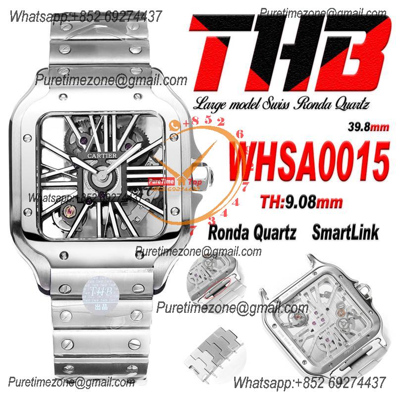 Santos WHSA0015 Large Model 39.8 Swiss Ronda Quartz Mens Watch Best Edition THBF Skeleton Dial SmartLink SS Bracelet