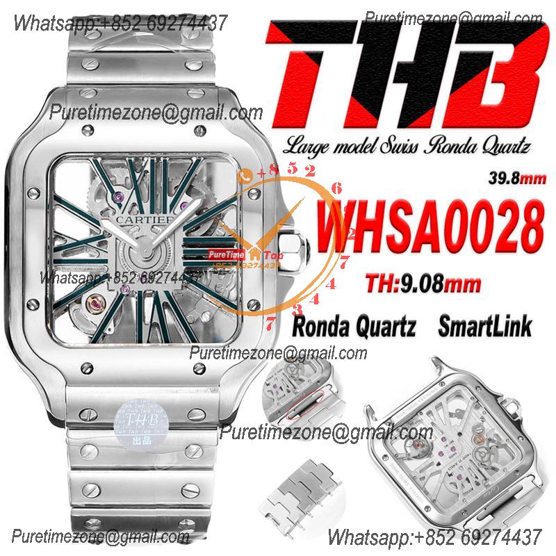 Santos WHSA0028 Large Model 39.8 Swiss Ronda Quartz Mens Watch Best Edition THBF Skeleton Dial SmartLink SS Bracelet